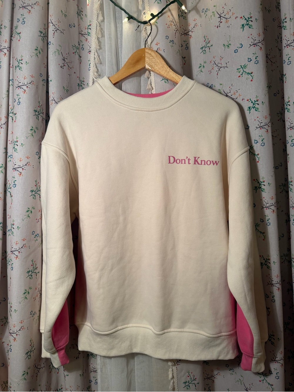 Don't Know Cream Crewneck Sweatshirt with Pink Accents